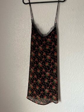 Floral Lace-Trim Black Mini Slip Dress